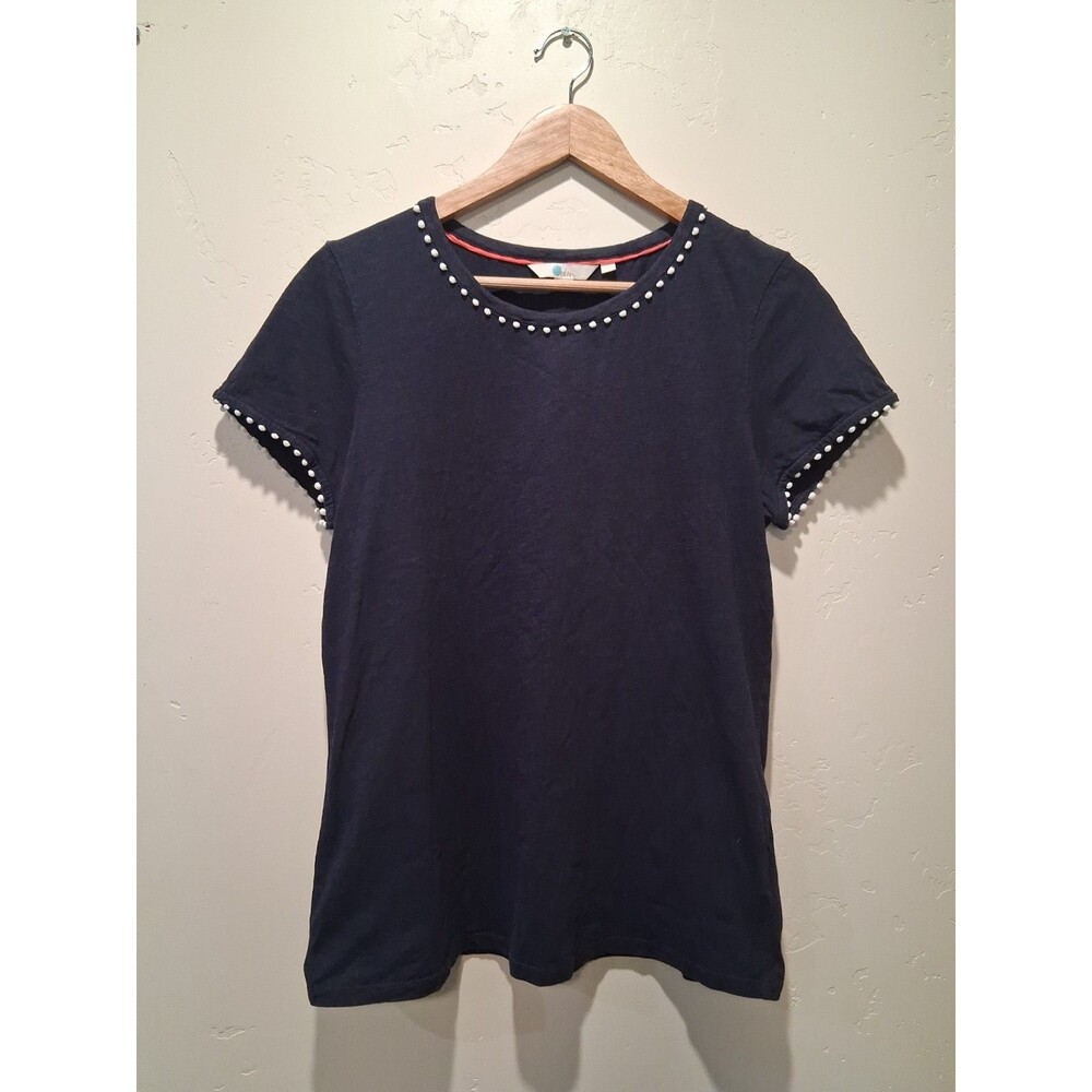 BODEN Womens Size M Navy Blue Short Sleeve Pom Poms Trim T-shirt Casual Nautical